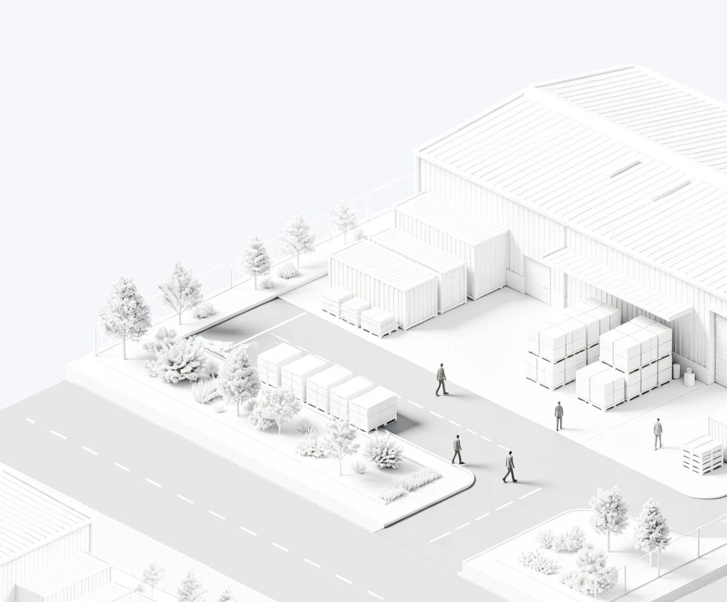 MasterGo 首页设计稿中的白色工厂与仓储场景示意